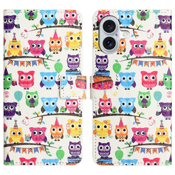 iPhone 17 Konstläder Plånboksfodral Pattern Print - Ugglor klistermärke Vit