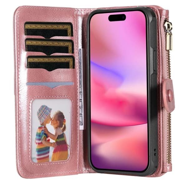 iPhone 17 Konstläder Plånboksfodral Detachable Zipper - Roséguld Roséguld