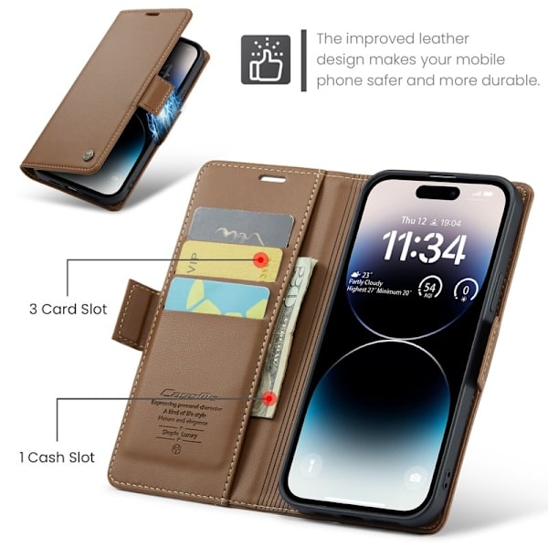 CASEME iPhone 15 Pro Max Plånboksfodral Konstläder RFID-Skydd Brun
