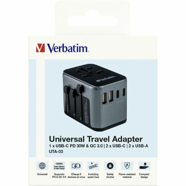 Verbatim Rejselader 30W PD 2xUSB-C 2xUSB-A EU/UK/USA - Sort Svart