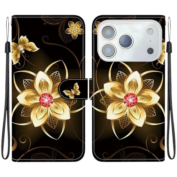 iPhone 17 Pro Max Plånboksfodral Med Lanyard - Golden Flower Guld