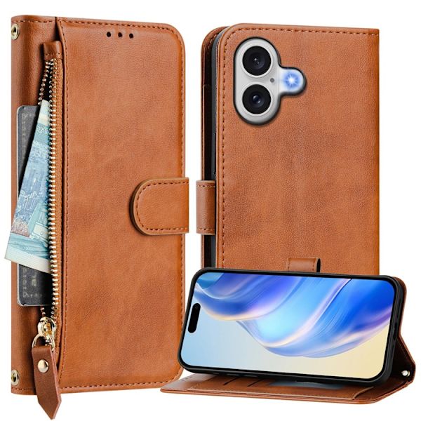 iPhone 17 Plånboksfodral Zipper Pocket Läder - Brun Brun
