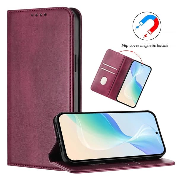 Samsung Galaxy S26+ Plånboksfodral Konstläder RFID Skydd - Vinröd