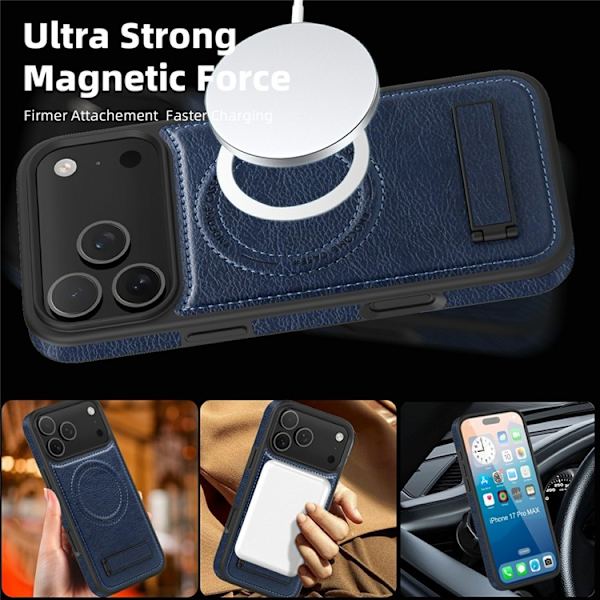 Mobilskal till iPhone 17 Pro Max MagSafe Kickstand Läder - Blå Blå