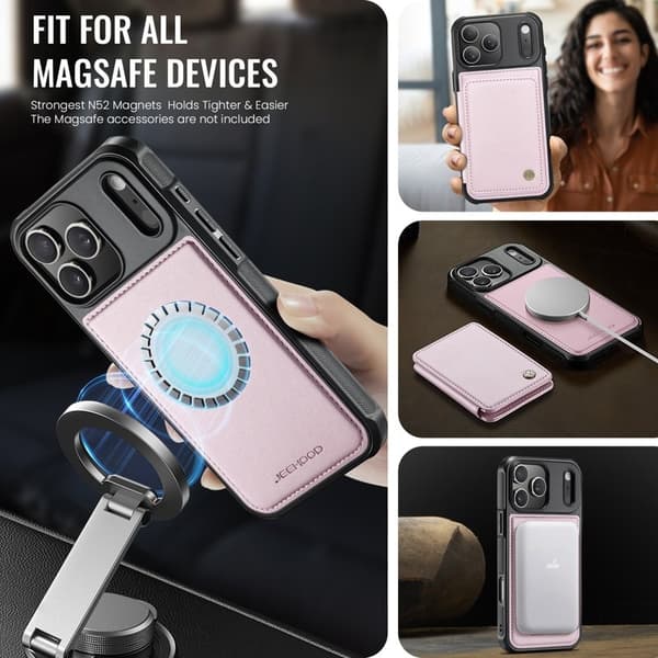 JEEHOOD J05 Mobilskal till iPhone 17 Pro Läder med Magnetficka - Rosa