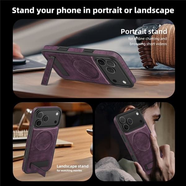 Mobilskal till iPhone 17 Pro Max MagSafe Kickstand Läder - Lila Lila