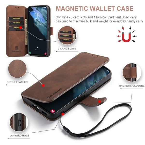 DG.MING Retro Style Konstläder Plånboksfodral för Samsung Galaxy S22 5G - Brun