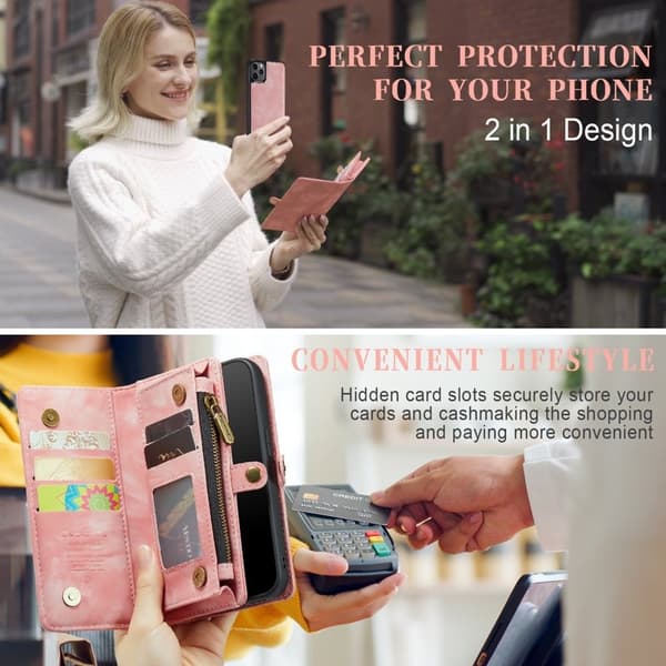 CASEME 008 Series Äkta Läder Plånboksfodral för iPhone 11 Pro Max 6.5 tum - Rosa