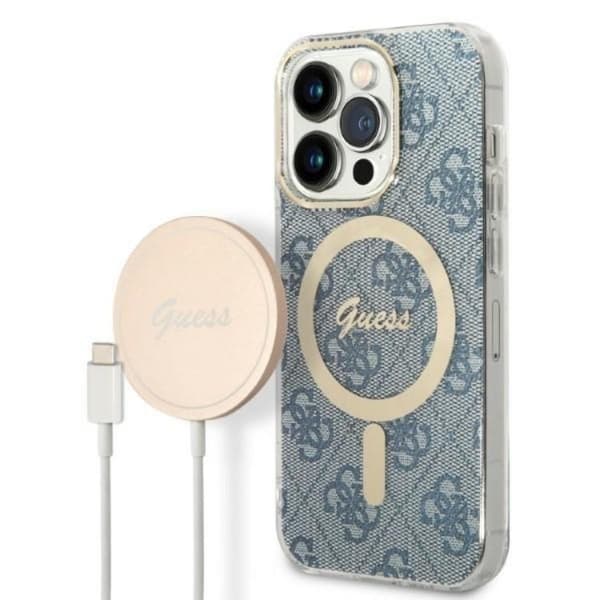 GUESS iPhone 14 Pro Max Magsafe Skal 4G Print + Trådløs Oplader Blå