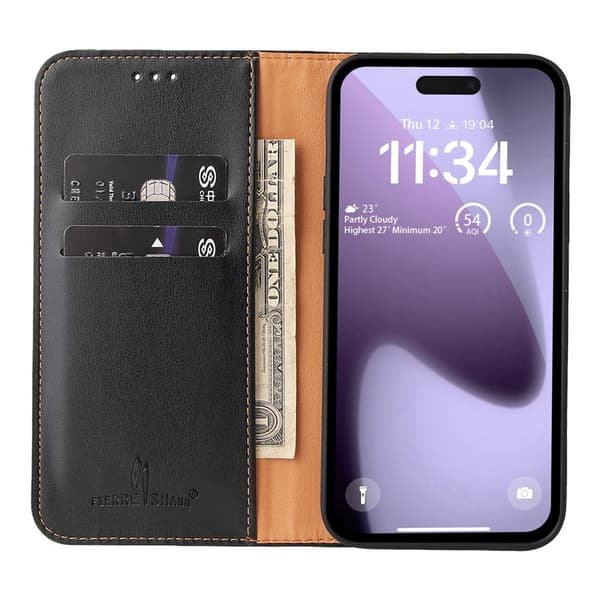 FIERRE SHANN för iPhone 17 Plånboksfodral Konstläder Flip - Svart