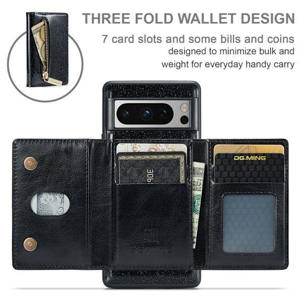 DG.MING M3 Series Konstläder Plånboksfodral för Google Pixel 8 Pro Svart
