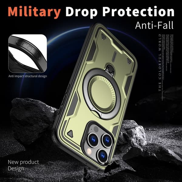 iPhone 15 Pro Max Skal Plast Militärskydd Kickstand - Olive Green
