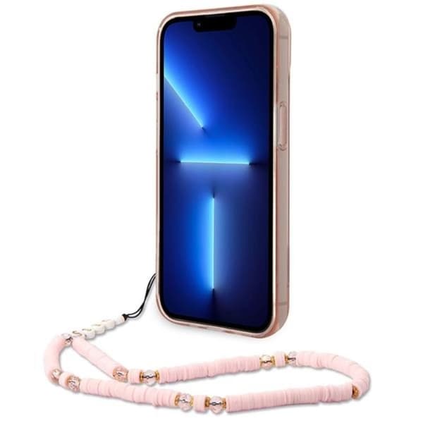 GUESS iPhone 14 Plus Kuori Translucent Pearl Strap - Pinkki Rosa