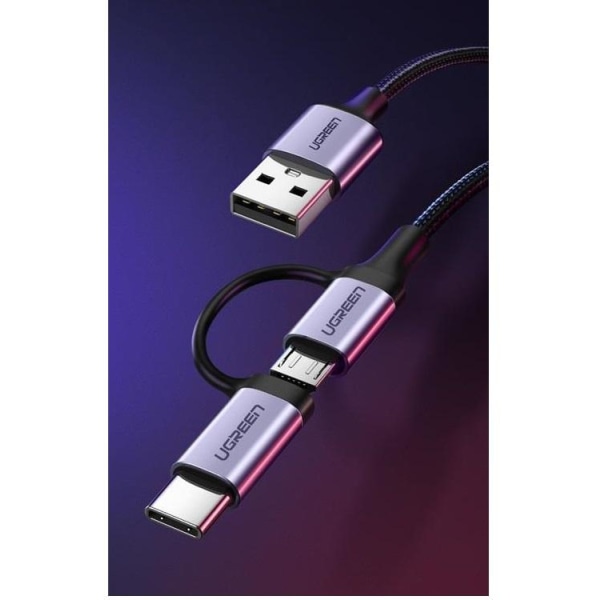 Ugreen 2-i-1 USB-A till microUSB, USB-C-kabel 1m - Svart