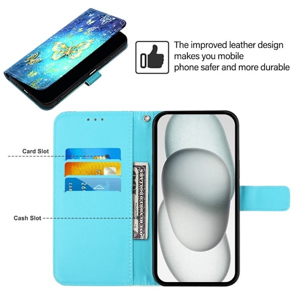 iPhone 16e Plånboksfodral Printing Pattern Med Rem Blå