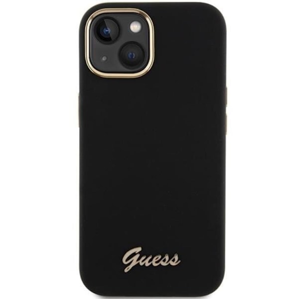 Guess Mobilskal till iPhone 15 Silikon Script Metal Logo Frame Svart