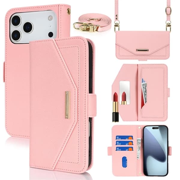 iPhone 17 Pro Konstläder Plånboksfodral Cross Texture med Axelrem - Roséguld Roséguld