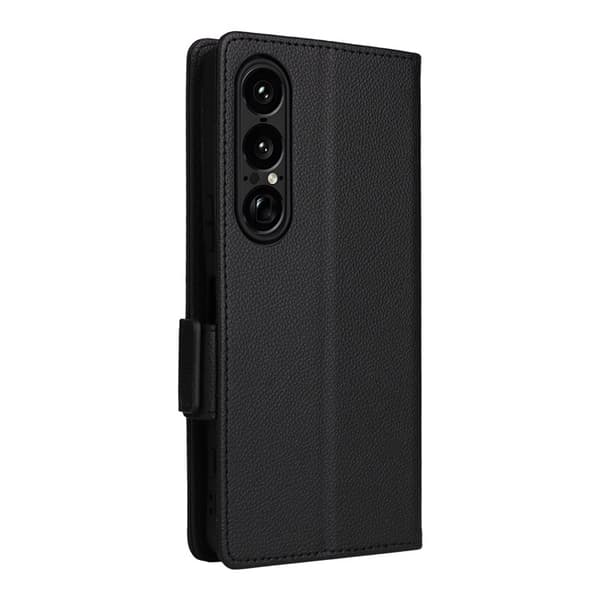 Sony Xperia 1 VII Plånboksfodral Litchi Texture Med Rem Svart