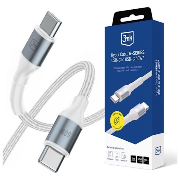 3MK USB-C till USB-C 60W kabel 20V/3A 1m N-SERIES Hyper - Vit Vit