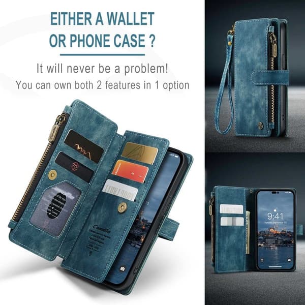CASEME C30 iPhone 14 Pro Plånboksfodral Konstläder Blå med Kortfack