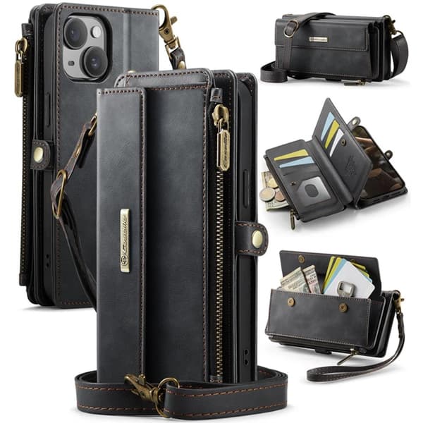 Caseme iPhone 13 Konstläder Plånboksfodral RFID-Skydd Zipper - Svart Svart