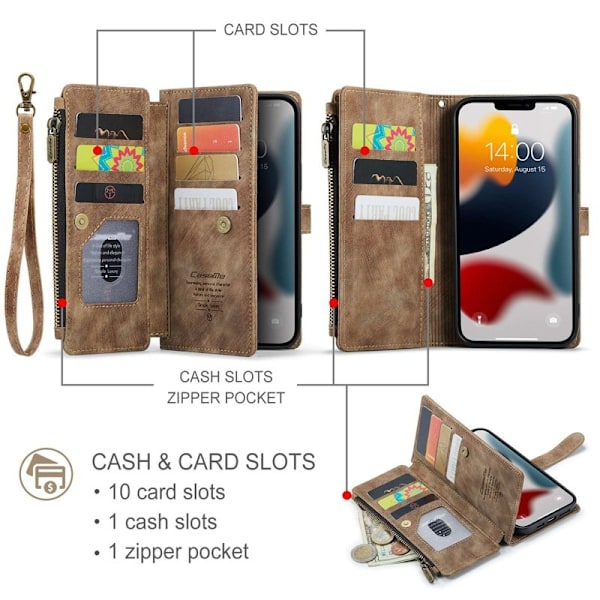 CASEME Konstläder Plånboksfodral för iPhone 13 Pro Max med Rem - Brun