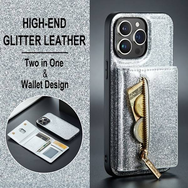 DG.MING M3 Series iPhone 15 Pro Max Konstläder Plånboksfodral Glitter Silver