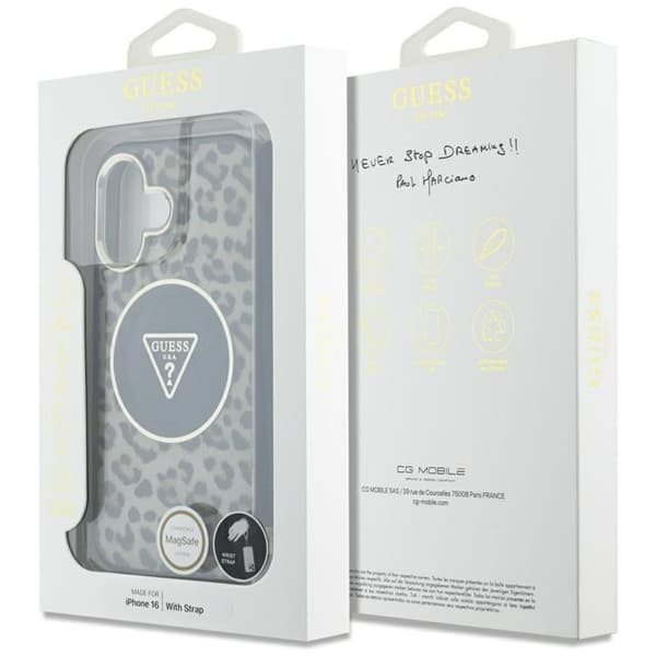 Guess Mobilskal till iPhone 16 MagSafe IML Leopard Triangle Cord Strap - Brun Brun