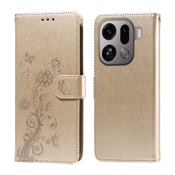 Oppo Find X9 Pro 5G Plånboksfodral Konstläder Blomtryck - Guld