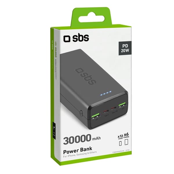 SBS Powerbank 2xUSB-C/2xUSB-A 30000 mAh - Svart Svart