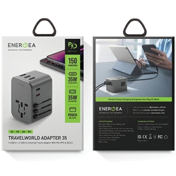 Energea Reseladdare 35.5W 2xUSB-C 3xUSB-A PD-PPS-QC 3.0 Svart