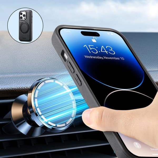 DENIOR Mobilskal till iPhone 15 Pro Magnetiskt Ställ Läder PC TPU - Svart