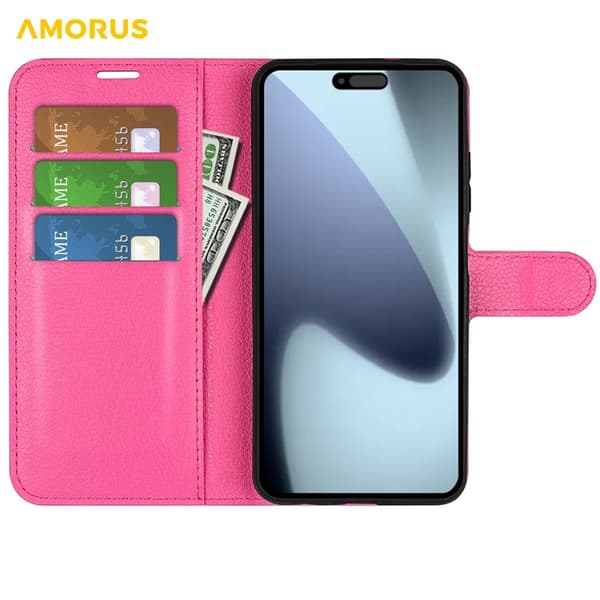 AMORUS iPhone 17 Konstläder Plånboksfodral Flipstativ Litchi - Rosa Rosa