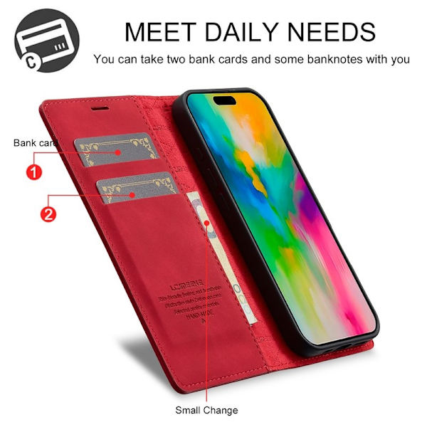LC.IMEEKE iPhone 16 Plus Plånboksfodral Konstläder- Röd