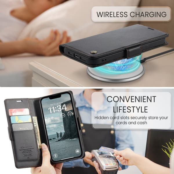 CASEME Plånboksfodral Konstläder för iPhone 16e RFID-Skydd Svart