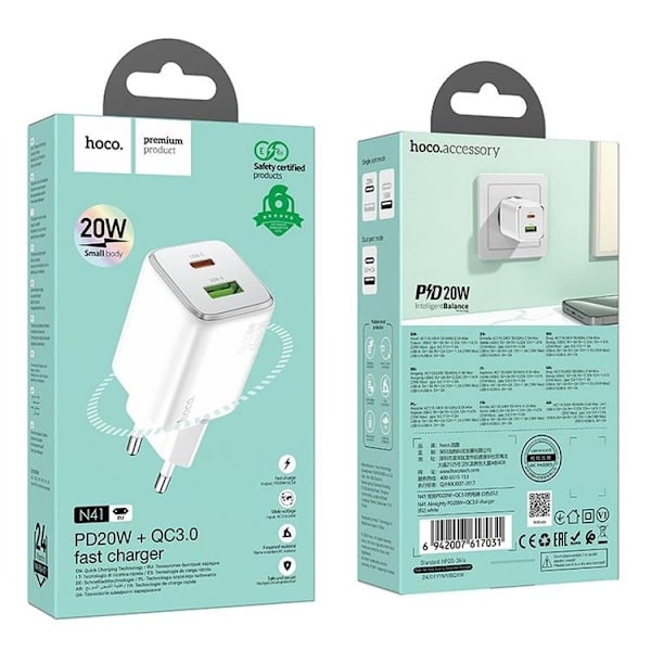 Hoco Väggladdare 1xUSB-C 1xUSB-A 20W N41 - Vit Vit