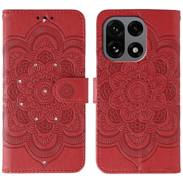 OnePlus 15 5G Konstläder Plånboksfodral Mandala Imprint Rhinestone Röd