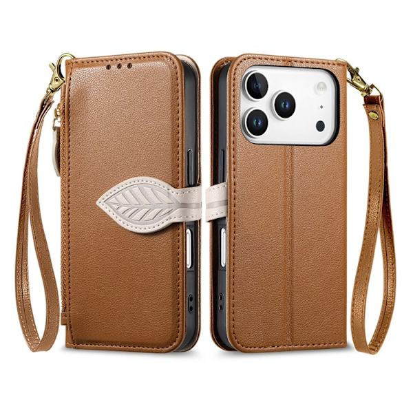 iPhone 17 Pro Max Plånboksfodral Leaf Magnetiskt Spänne Konstläder - Brun Brun