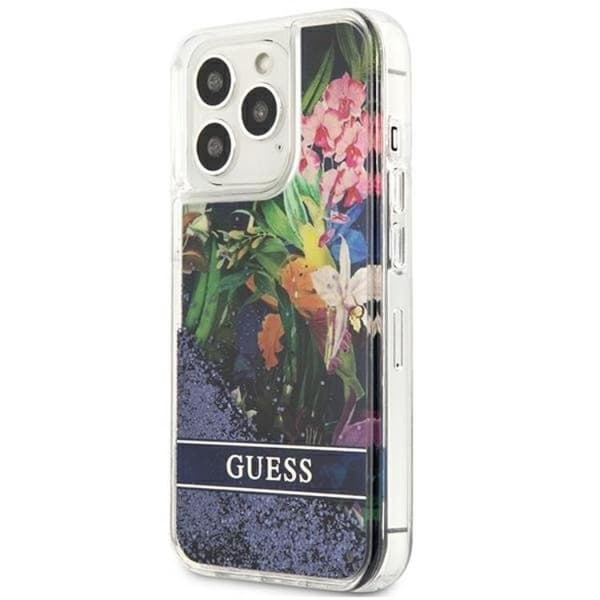 Guess iPhone 13 Pro Skal Flower Liquid Glitter - Sininen Blå