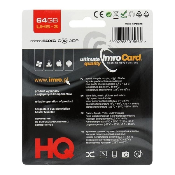 Imro Minneskort MicroSD 64GB Med Adapter UHS 3