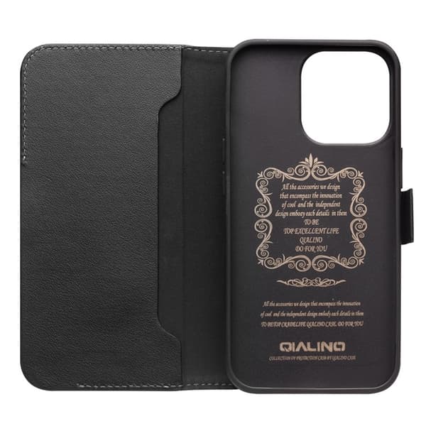 QIALINO iPhone 13 Pro Plånboksfodral Äkta Läder Flip Folio Svart