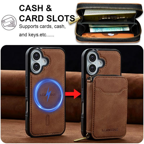 LC.IMEEKE L6 iPhone 16 Plus Plånboksfodral Konstläder - Brun