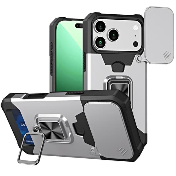 Mobilskal till iPhone 17 Pro Max Slide Lens Lid med Kortfack - Silver Silver