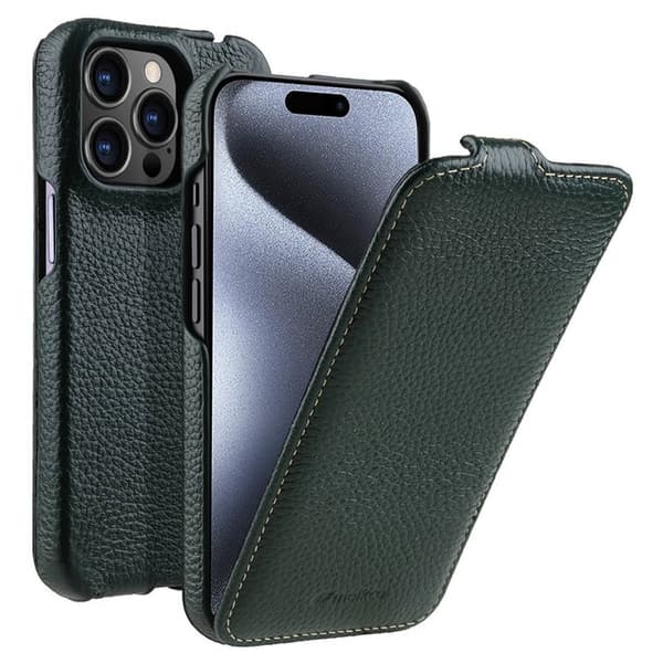 MELKCO Mobilskal till iPhone 15 Pro Max Äkta Läder + PC Vertikal - Grön