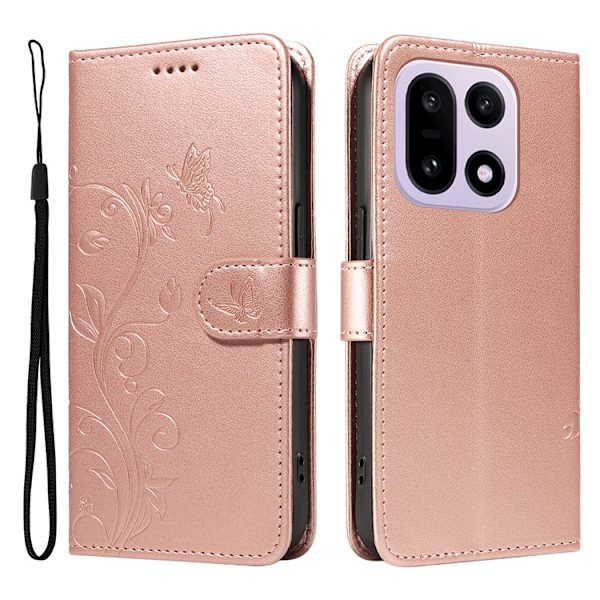 OnePlus 15 Plånboksfodral Flower Pattern Konstläder Roséguld