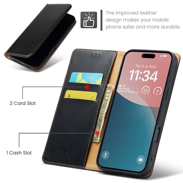 FIERRE SHANN för iPhone 16 Plånboksfodral Konstläder - Svart