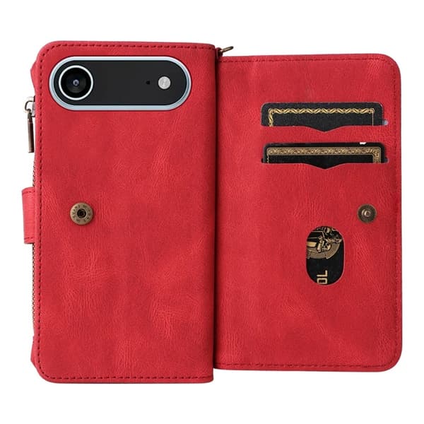 iPhone 17 Air Konstläder Plånboksfodral Zipper Rem Röd
