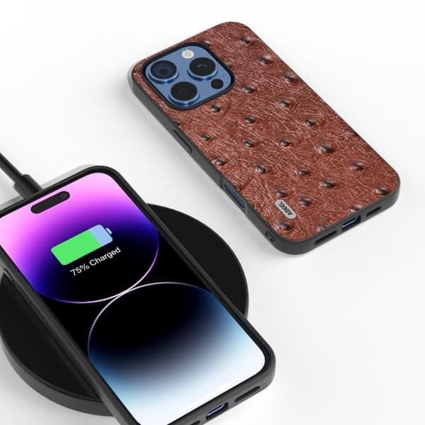 ABEEL Mobilskal till iPhone 16 Pro Ostrich Textur Äkta Läder - Brun