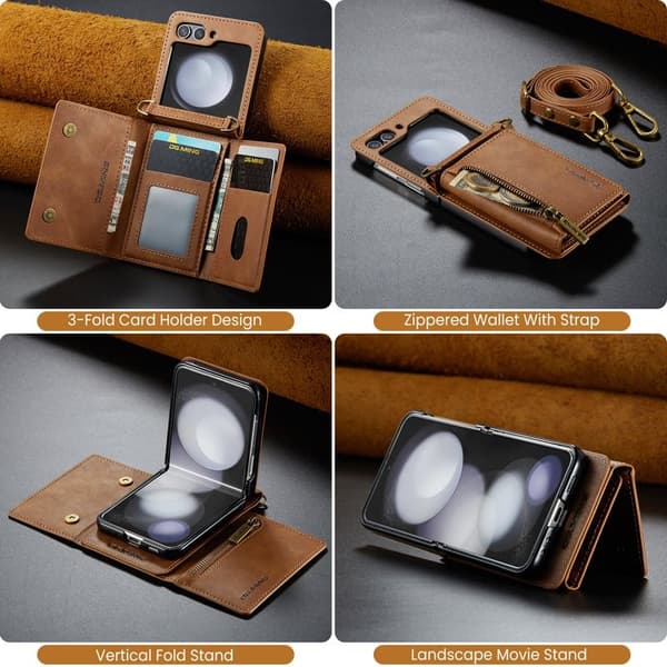 DG.MING Samsung Galaxy Z Flip7 FE Plånboksfodral RFID-Skydd Brun