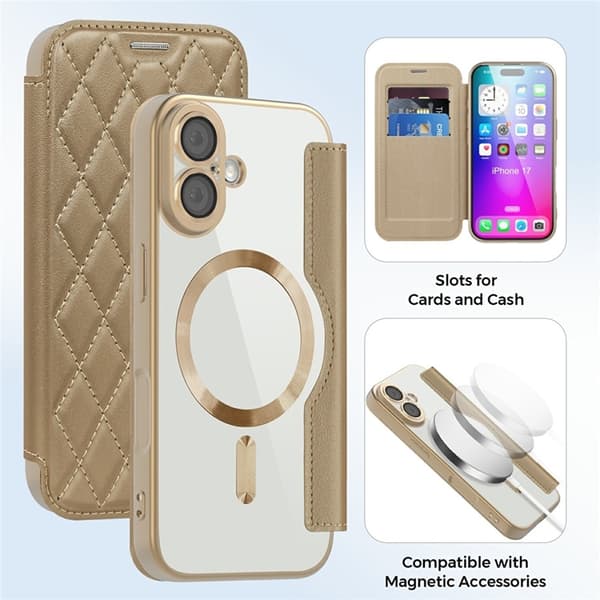 iPhone 17 Plånboksfodral MagSafe Rhombus Konstläder - Guld Guld